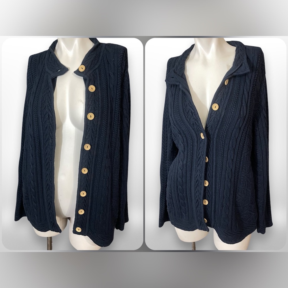 L.L. Bean Navy Cable-Knit Cardigan with Wood Buttons 100% cotton
